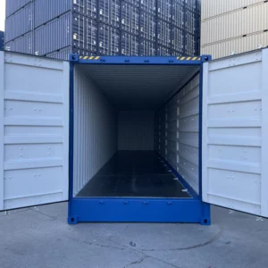 Conteneur maritime de 40 pieds, ouvert sur le côté, couleur bleue.