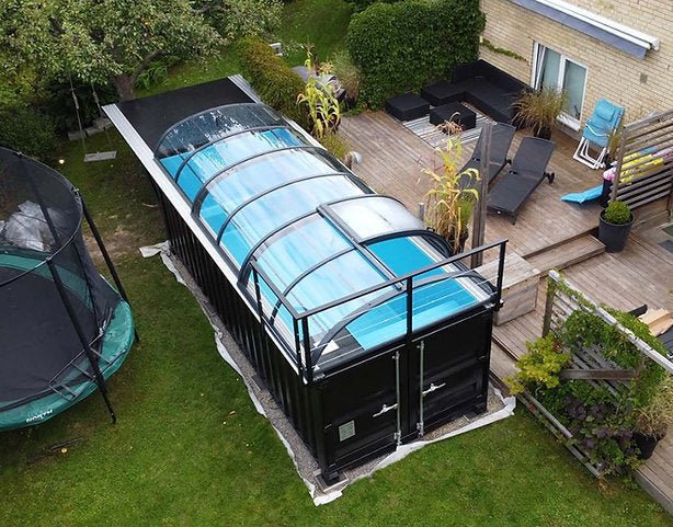 Piscine conteneur 6,11 x 2,5 m prête à l'emploi avec toit, Pack Premium